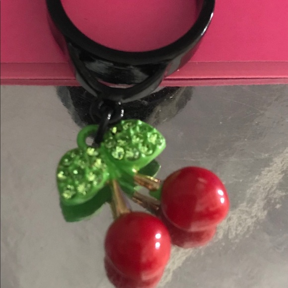 Betsey Johnson red cherry crystal charm ring vtg